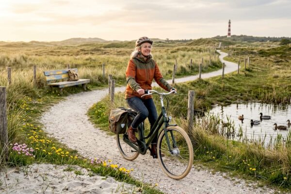Op Ameland geniet een fietser van een ritje over het kronkelende duinpad.