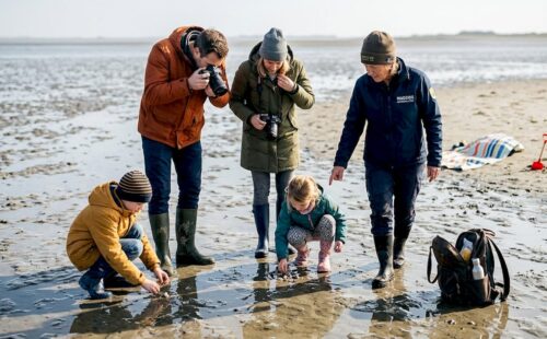 Een gezin trekt eropuit voor een wadwandeling onder begeleiding van een gids, terwijl de ochtendzon het landschap zacht verlicht.
