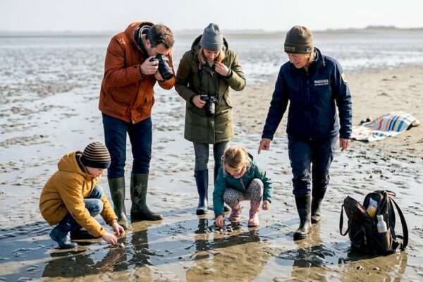 Een gezin trekt eropuit voor een wadwandeling onder begeleiding van een gids, terwijl de ochtendzon het landschap zacht verlicht.