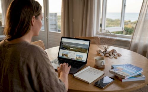 Terwijl ze aan de keukentafel zit, boekt een vrouw een strandhuisje voor haar volgende vakantie.