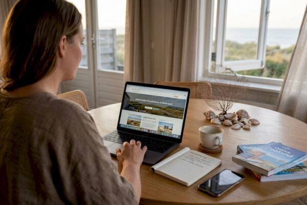 Terwijl ze aan de keukentafel zit, boekt een vrouw een strandhuisje voor haar volgende vakantie.