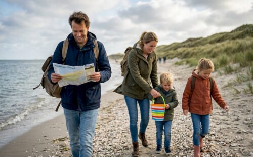 Een gezin maakt een heerlijke wandeling door de duinen op de Waddeneilanden.