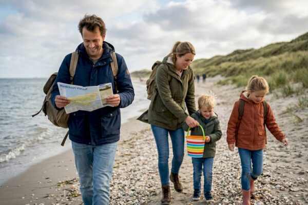 Een gezin maakt een heerlijke wandeling door de duinen op de Waddeneilanden.