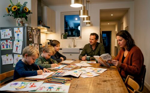 Het hele gezin brengt samen tijd door in de woonkamer en is bezig met dagelijkse bezigheden.