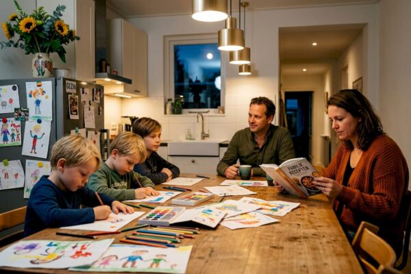 Het hele gezin brengt samen tijd door in de woonkamer en is bezig met dagelijkse bezigheden.