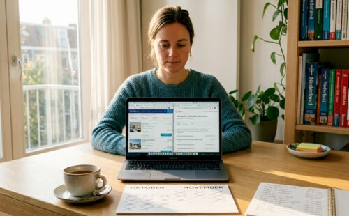 Vrouw plant vakantie en boekt een huisje vanaf haar keukentafel op de laptop.