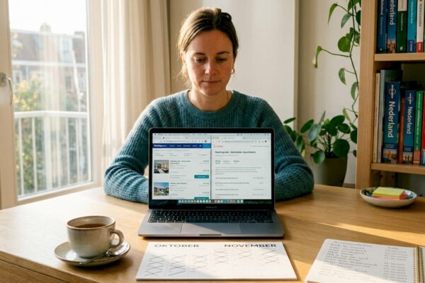 Vrouw plant vakantie en boekt een huisje vanaf haar keukentafel op de laptop.