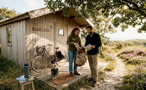 Stelletje geniet samen op de veranda van hun knusse duinhuisje