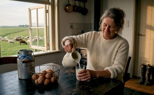 In een gezellige boerderijkeuken op Ameland schenkt een vrouw melk in.