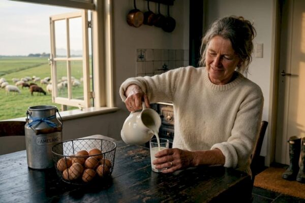 In een gezellige boerderijkeuken op Ameland schenkt een vrouw melk in.