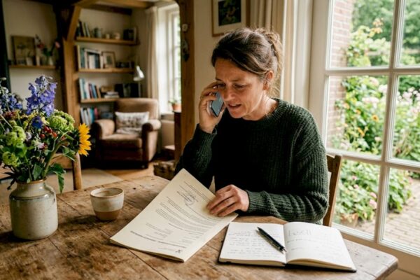 Vrouw bekijkt de vergunningsvoorwaarden voor haar vakantiewoning