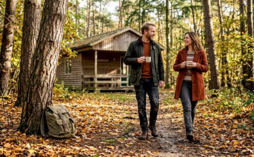 Een stelletje maakt een ontspannen wandeling door het bos tijdens hun vakantie.