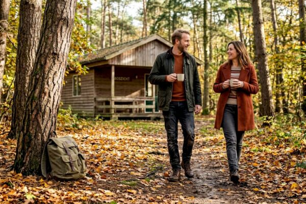 Een stelletje maakt een ontspannen wandeling door het bos tijdens hun vakantie.