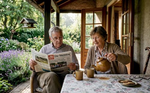 Een ouder echtpaar geniet samen van een kop thee op het terras tijdens hun vakantie.