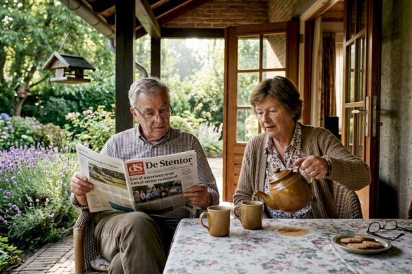 Een ouder echtpaar geniet samen van een kop thee op het terras tijdens hun vakantie.