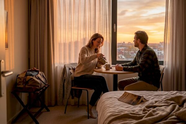Stelletje ontspant samen in hun hotelkamer terwijl de avondzon naar binnen schijnt.