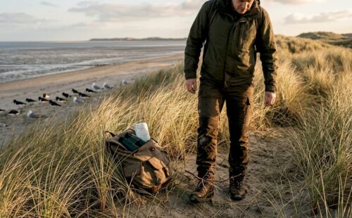 Een wadloper trekt langs het duin, terwijl vogels zich rustig nestelen in het zand.