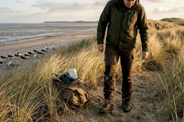 Een wadloper trekt langs het duin, terwijl vogels zich rustig nestelen in het zand.