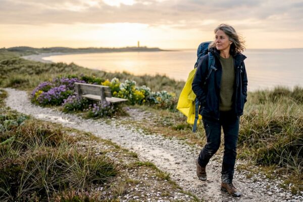 Een vrouw slentert ontspannen over een rustig pad op het eiland.