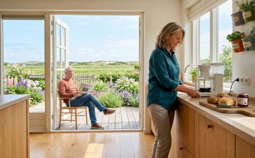 Geniet van een keuken in het vakantiehuis waar ’s ochtends de zon binnenvalt en je uitkijkt over de duinen.