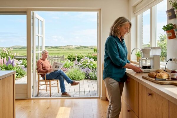 Geniet van een keuken in het vakantiehuis waar ’s ochtends de zon binnenvalt en je uitkijkt over de duinen.
