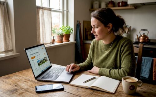 Vrouw speurt het internet af op zoek naar een gezellig vakantiehuis