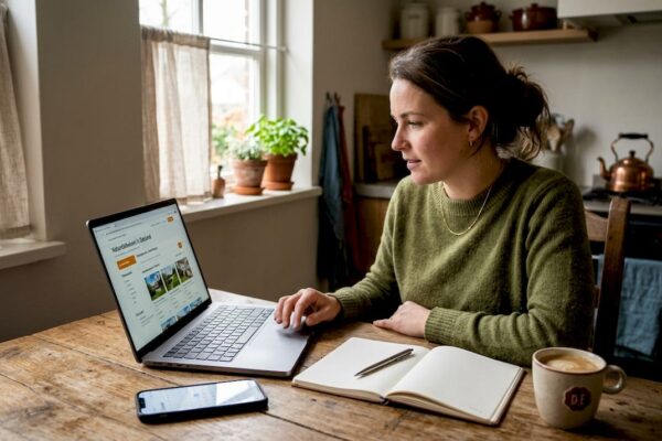 Vrouw speurt het internet af op zoek naar een gezellig vakantiehuis