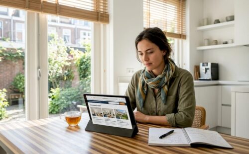 Vrouw aan de keukentafel op zoek naar een nieuw huis