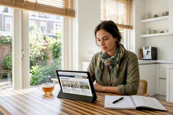 Vrouw aan de keukentafel op zoek naar een nieuw huis