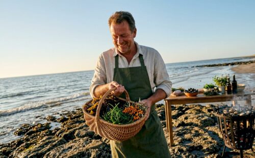 Een chef-kok verzamelt verse ingrediënten langs het Wad, rechtstreeks uit de natuur.