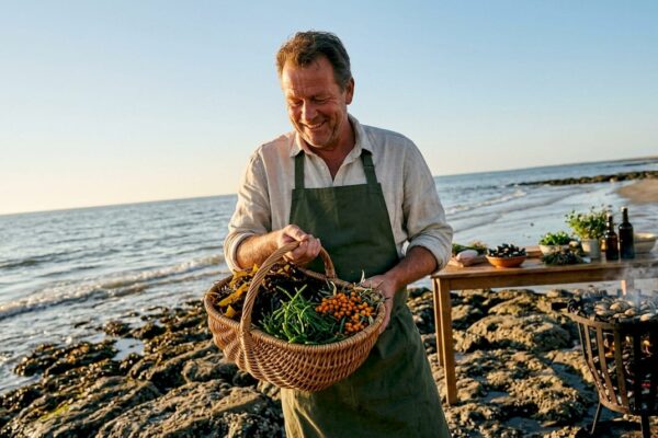 Een chef-kok verzamelt verse ingrediënten langs het Wad, rechtstreeks uit de natuur.