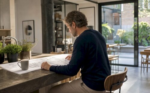 Man bestudeert bouwtekening in stijlvol loftappartement