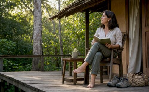 Vrouw geniet van de rust op het terras van een natuurhuisje midden in het bos
