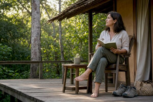Vrouw geniet van de rust op het terras van een natuurhuisje midden in het bos