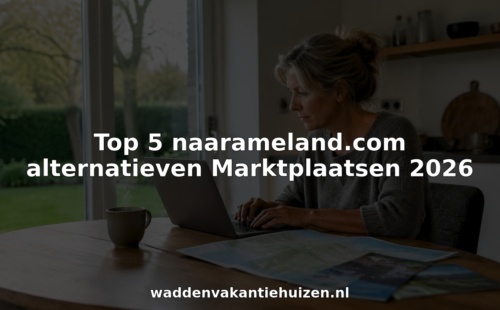 Een vrouw zit thuis op de bank en kijkt online naar vakantiehuisjes.