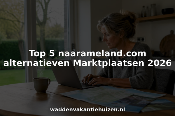 Een vrouw zit thuis op de bank en kijkt online naar vakantiehuisjes.