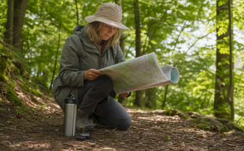 Vrouw plant haar wandeling door de natuur en bestudeert aandachtig de kaart