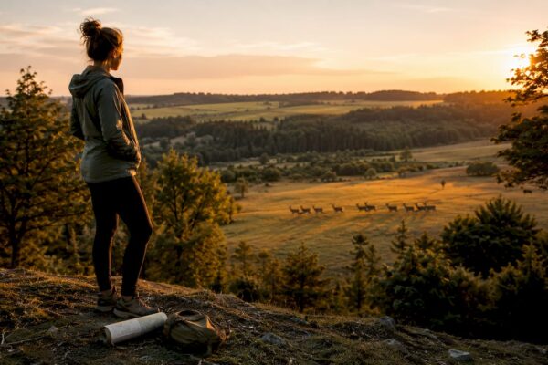 In alle vroegte maakt een vrouw een wandeling door het natuurgebied, terwijl de zon langzaam opkomt.