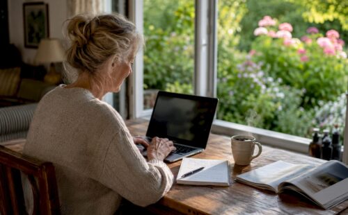 Een vrouw boekt vanuit huis een vakantiehuis via haar laptop.