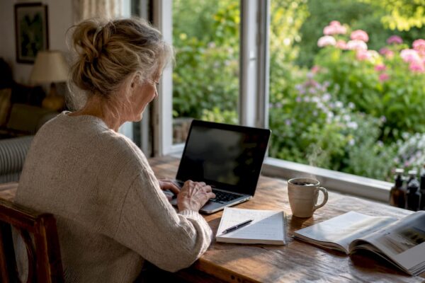 Een vrouw boekt vanuit huis een vakantiehuis via haar laptop.
