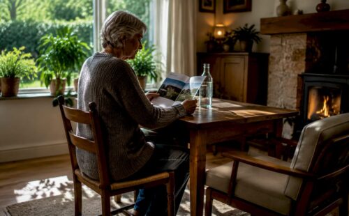 Een oudere dame bladert door een folder in een woning die helemaal is ingericht op senioren.