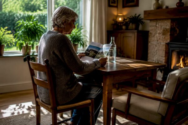 Een oudere dame bladert door een folder in een woning die helemaal is ingericht op senioren.