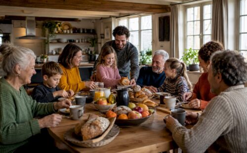 Gezellig met het hele gezin samen eten in een vakantiehuis op de Waddeneilanden.