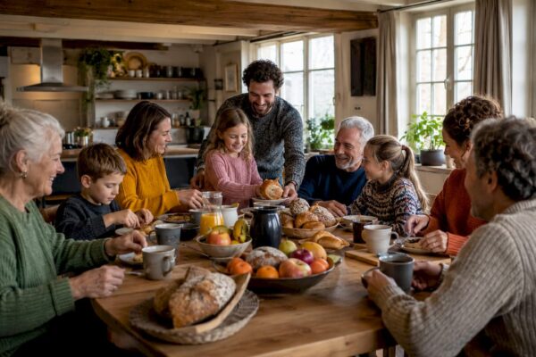 Gezellig met het hele gezin samen eten in een vakantiehuis op de Waddeneilanden.