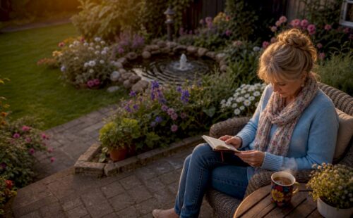 Een vrouw komt helemaal tot rust tussen de bomen.