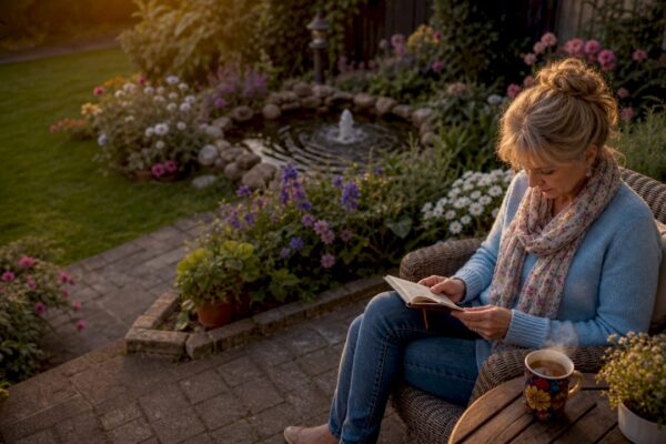 Een vrouw komt helemaal tot rust tussen de bomen.