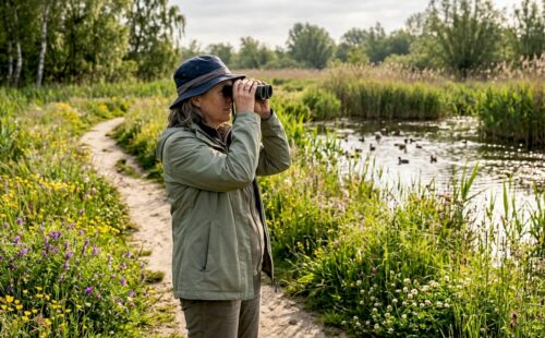 Vrouw wandelt door een natuurgebied vol biodiversiteit, langs de oever van een vijver.