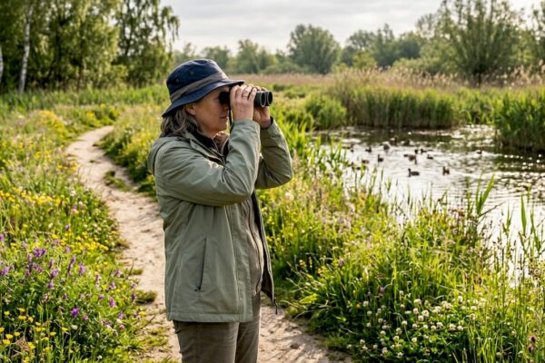 Vrouw wandelt door een natuurgebied vol biodiversiteit, langs de oever van een vijver.