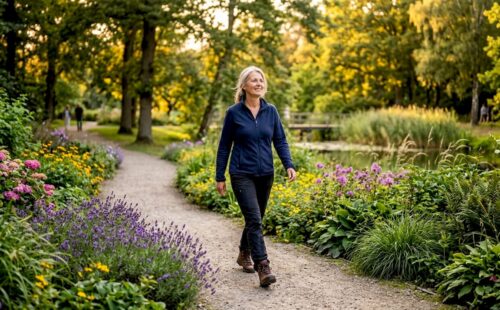 Een vrouw maakt een ontspannen wandeling door het bos en geniet van de rust en de geluiden om haar heen.