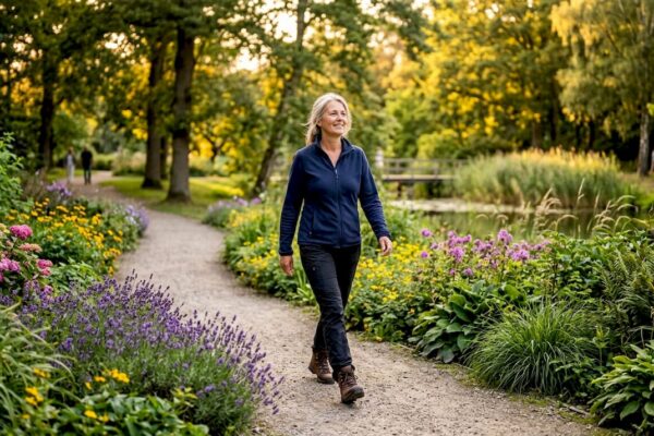 Een vrouw maakt een ontspannen wandeling door het bos en geniet van de rust en de geluiden om haar heen.